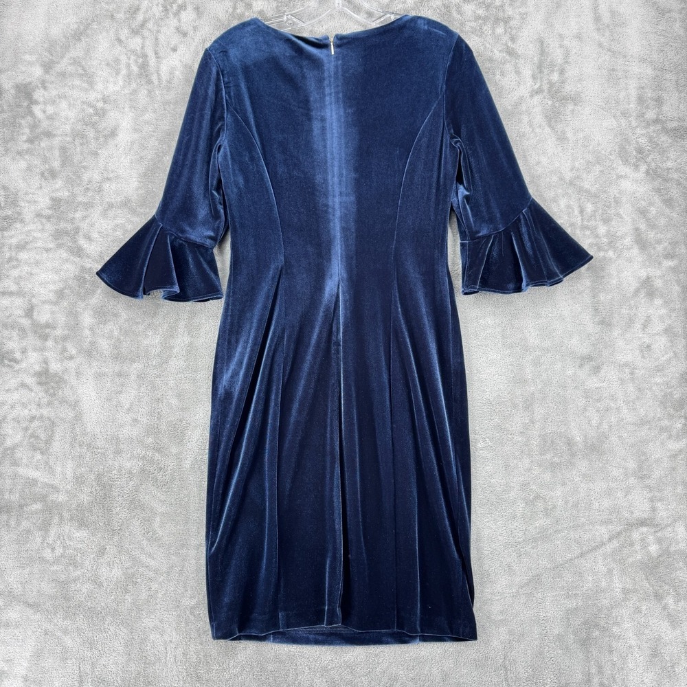DKNY Dress Womens 6 Velvet Bell Sleeve Sheath Evening Event Career Back Zip Navy - Picture 2 of 13